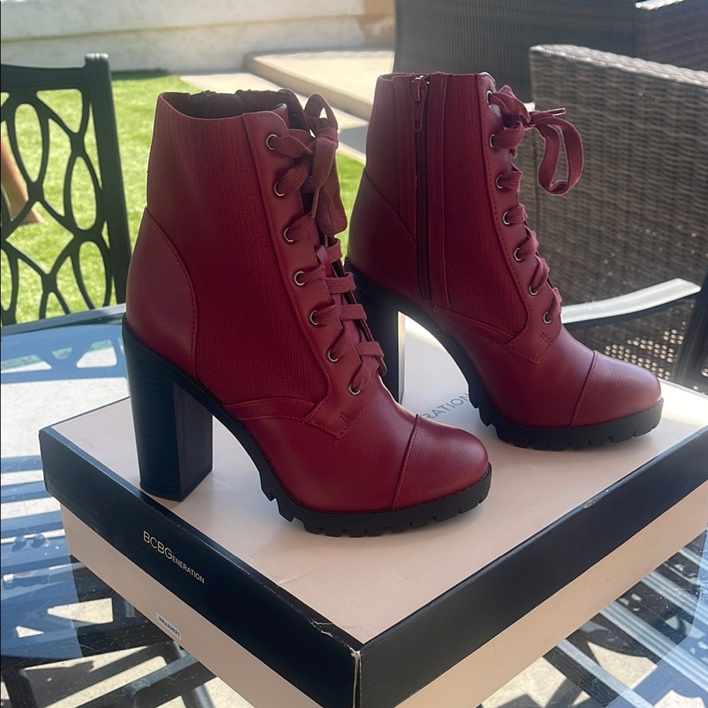 BCBGeneration Red Heeled Boots with Lace-Up Design